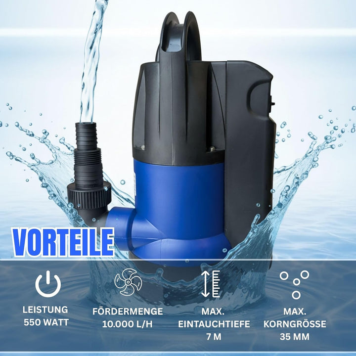 Schmutzwasserpumpe 555 Watt, Tauchpumpe 10.000 L/h 0,7 Bar Druck >>7m Förderhöhe