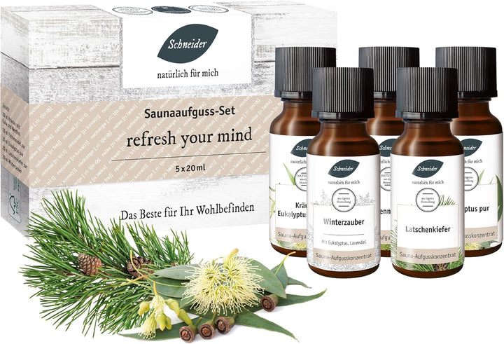 Saunabedarf Schneider - Aufgussset refresh your mind - 5 x 20 ml Inhalt - waldig-frischer Saunaaufgu