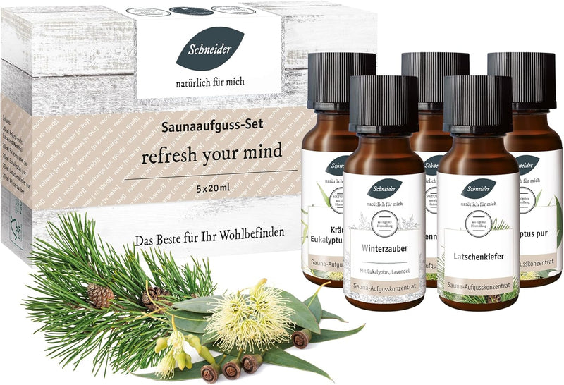 Saunabedarf Schneider - Aufgussset refresh your mind - 5 x 20 ml Inhalt - waldig-frischer Saunaaufgu