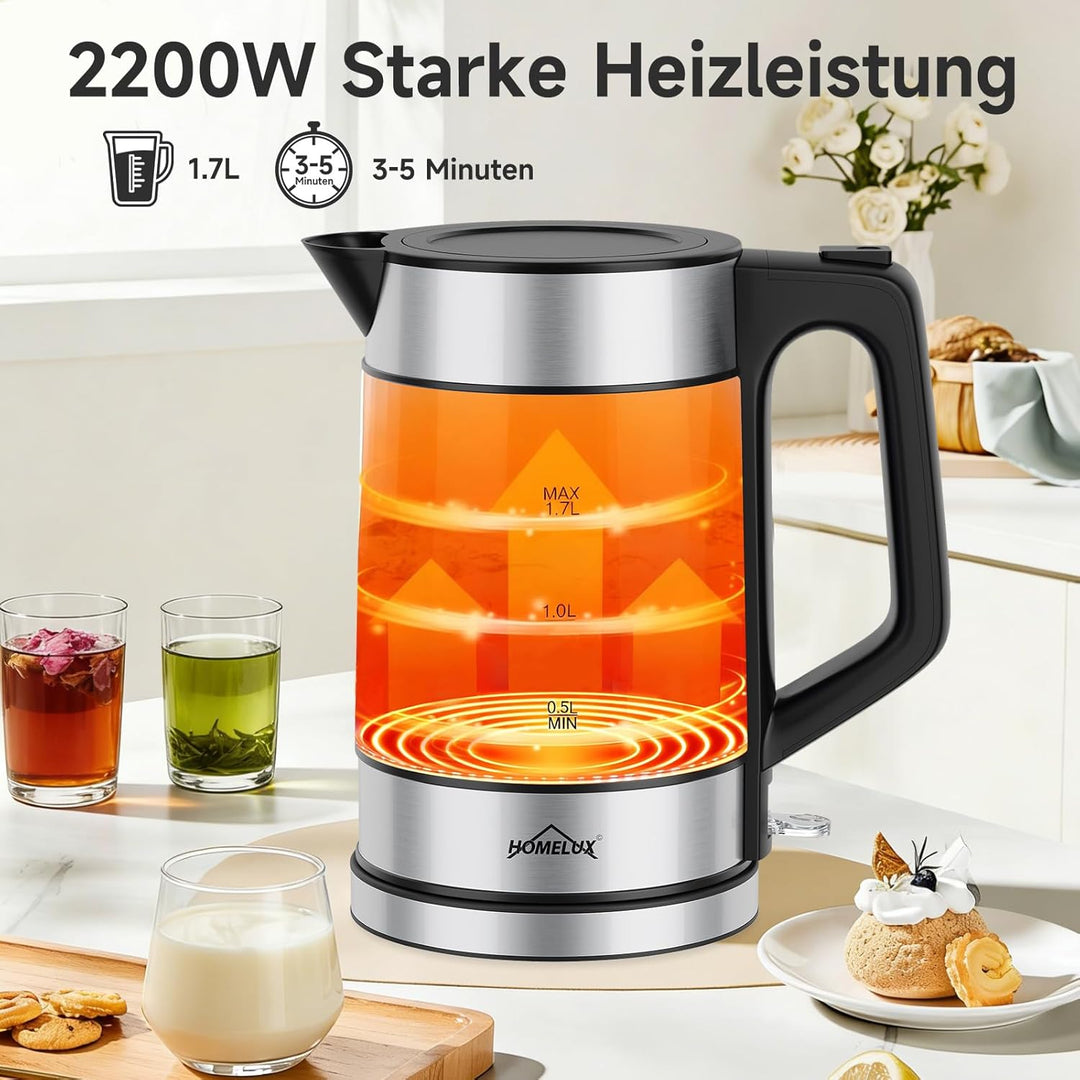 Wasserkocher Glas, 1. 7L Teekocher Elektrisch mit Skalenstrichen, 2200 Watt Wasserkocher Durchsichti