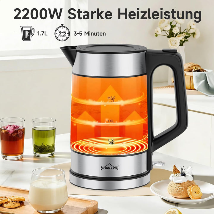 Wasserkocher Glas, 1. 7L Teekocher Elektrisch mit Skalenstrichen, 2200 Watt Wasserkocher Durchsichti