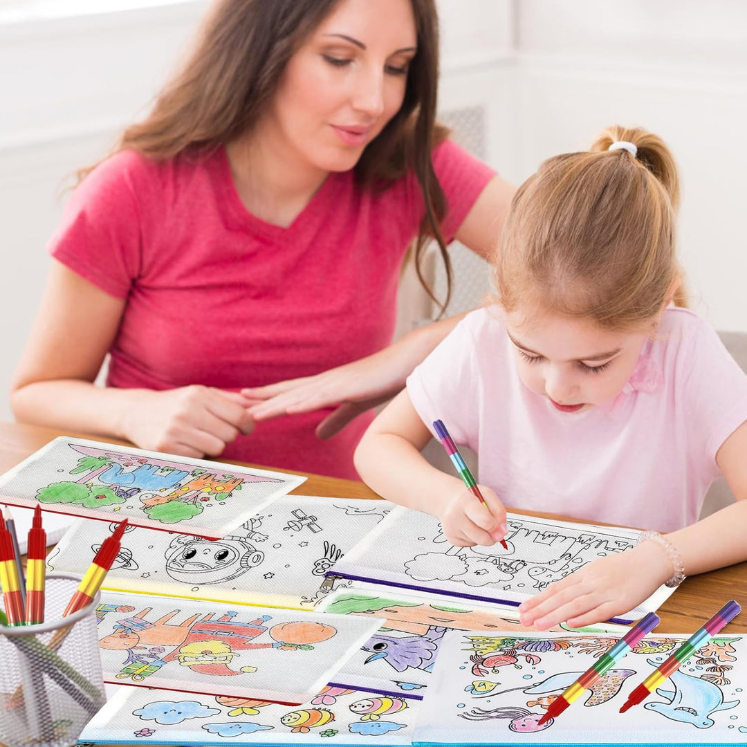 Liangding Kinder Stofftaschen zum Bemalen Set – 12 Taschen mit Reissverschluss & 12 stapelbare Wachs