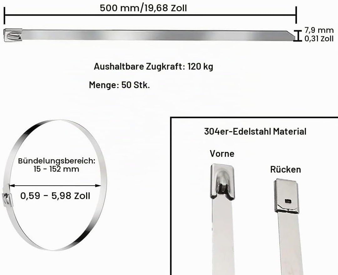 Edelstahl Kabelbinder Lang 500 x 7,9mm, 50 Stück Kabelbinder Metall uv Beständig, Abnehmbar Stahl, f