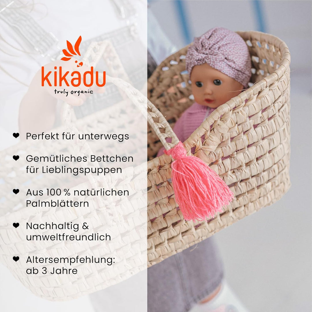 Kikadu grosser Puppenkorb aus Palmblatt, handgeflochtene Puppentragetasche in Pink, 40 x 18 x 17 cm,