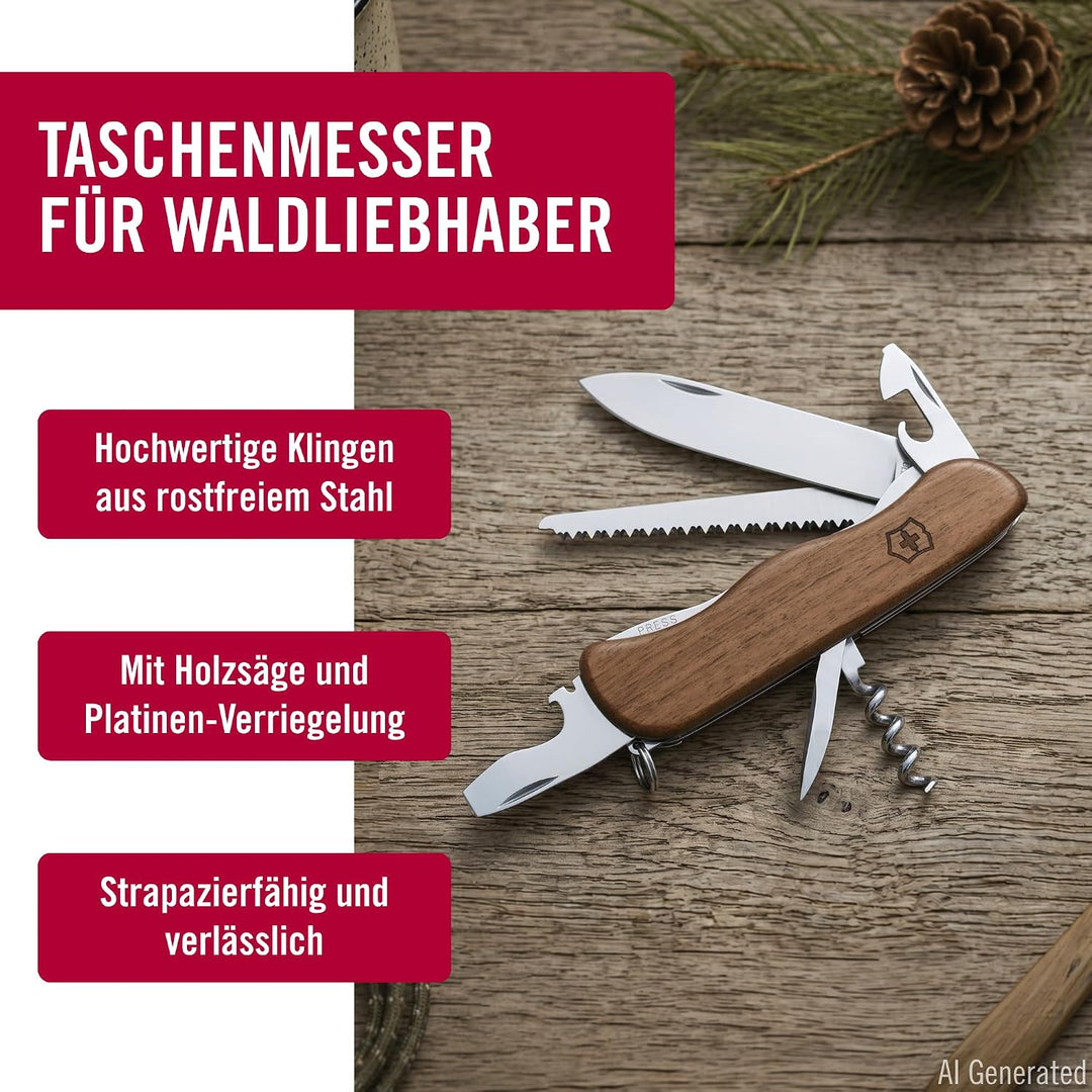 Victorinox Holz Taschenmesser Forester Wood (10 Funktionen, Schalen aus Nussbaumholz, Holzsäge) Sing
