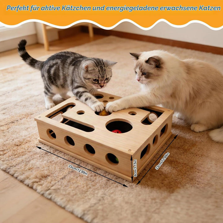 Beschäftigungsbox Katzen, Kratzpuzzle Spielbox Holz Katzens, Interaktives Spielzeug Katzens mit Bäll