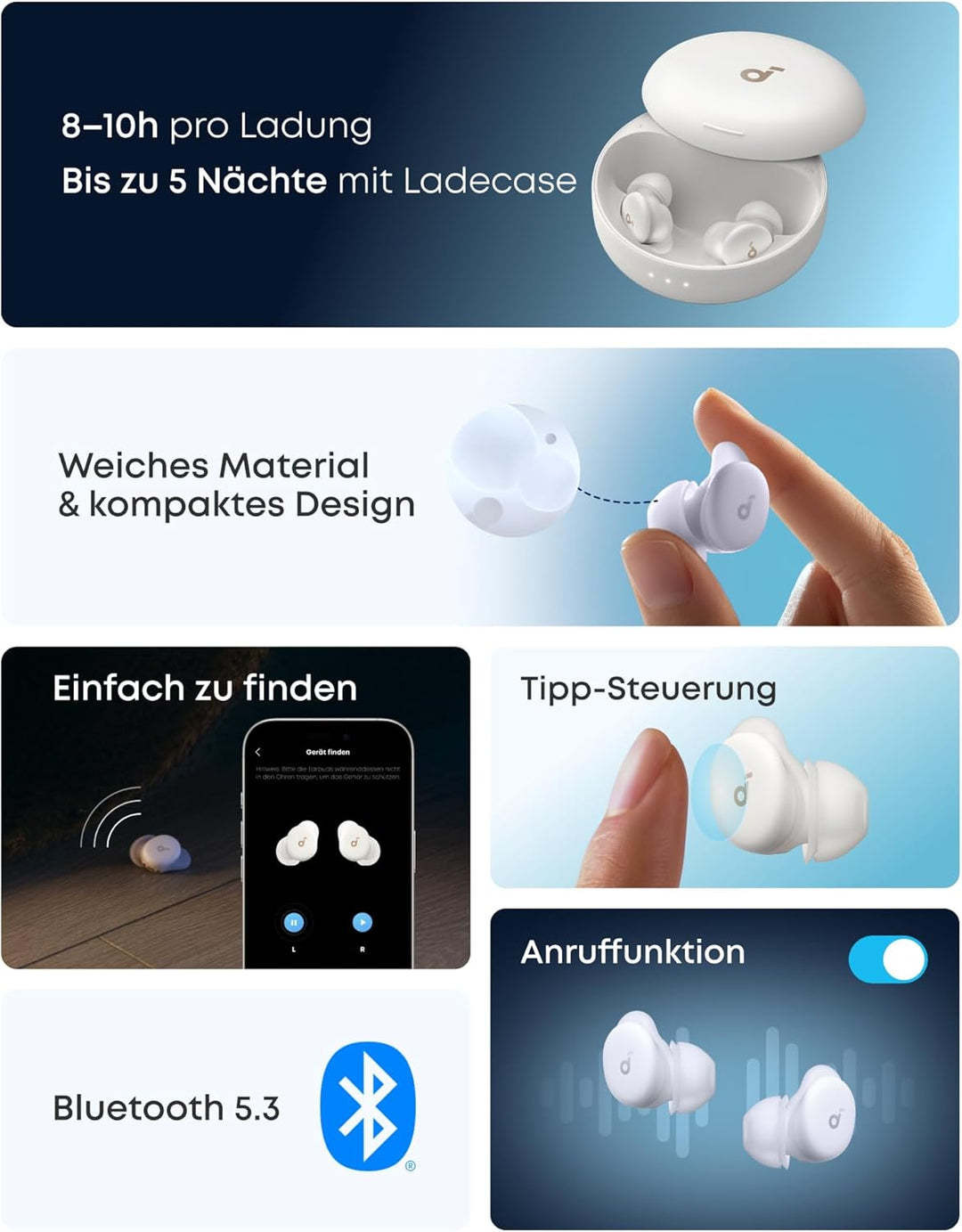 soundcore Sleep A30 von Anker, Schlafkopfhörer, Geräuschmaskierung, Bluetooth-Kopfhörer, adaptives S