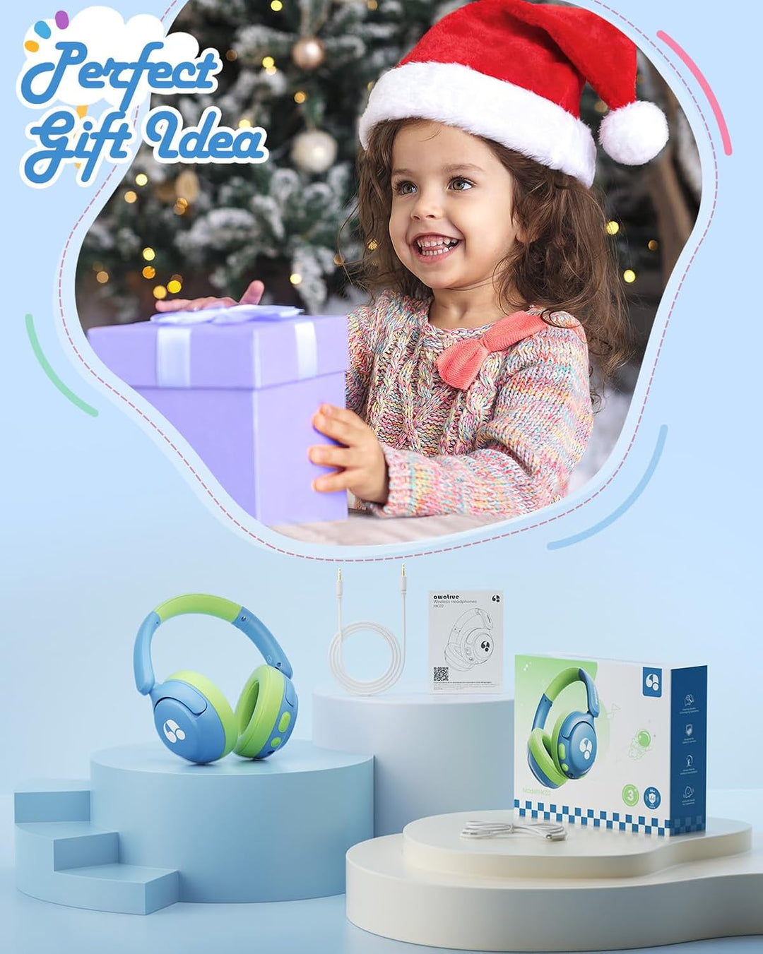 awatrue Bluetooth Kopfhörer Kinder, 85dBA Sicheres Volumen, Bluetooth 5.4, BPA Frei/CPC Zertifiziert