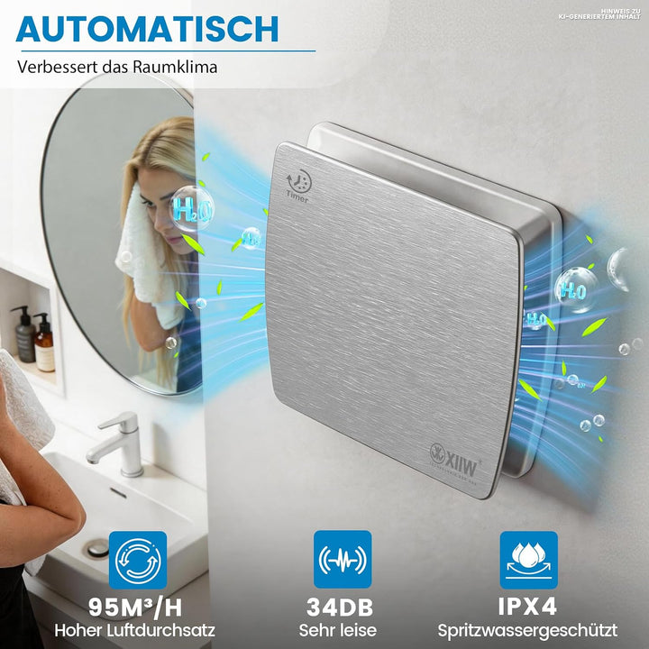 XIIW Badlüfter Ø100mm mit Nachlauf und Rückstauklappe, für Bad WC und Küche | 95m³/h / 12 Watt / 34d