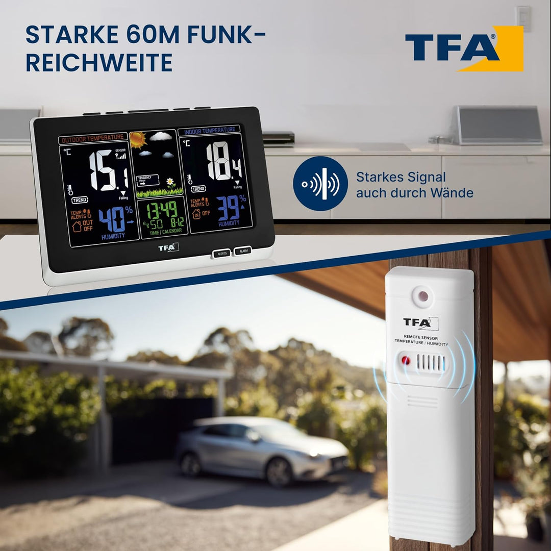 TFA Dostmann Spring Wetterstation, für Innen und Aussen, Funk Aussensensor misst Luftfeuchtigkeit, T