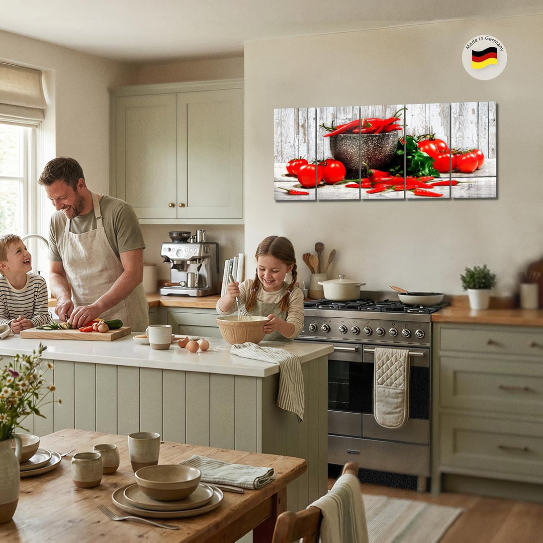 Runa Art Wandbild XXL Küche - Gemüse Esszimmer Küchenbilder 200 x 80 cm Weiss Rot 5 Teilig - Made in