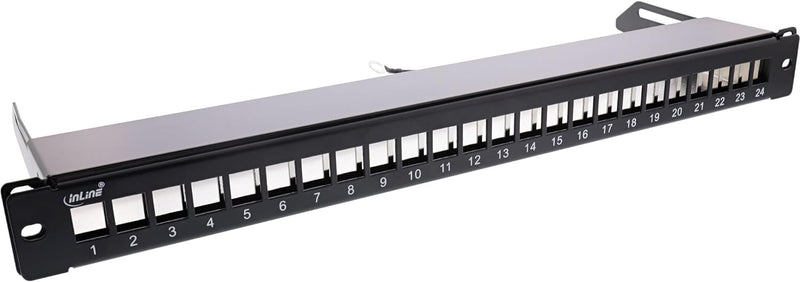 InLine® Patchfeld 24-Fach, Keystone Leerblech Patchpanel mit Auszug, 19", 1HE, schwarz RAL9005