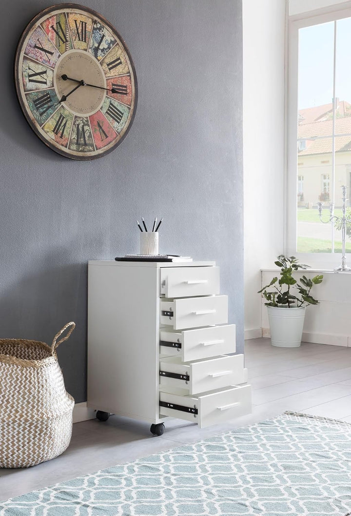 FineBuy Rollcontainer Weiss 33 x 63 x 38 cm Holz Schubladenschrank Schreibtisch, Büro Schrank mit 5