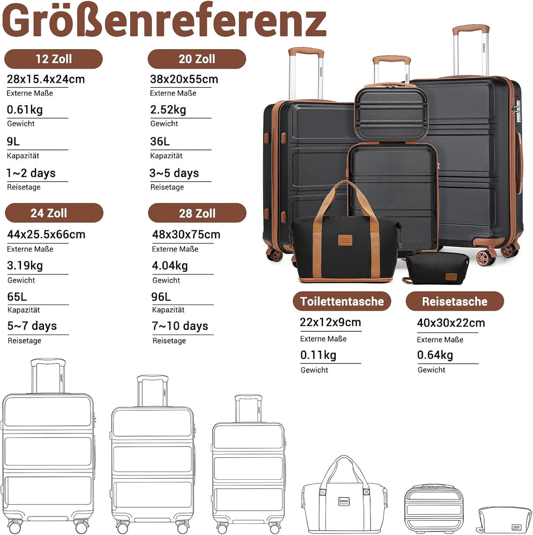 KONO Kofferset Reisekoffer Set Gepäcksets 6 Teilig, Koffer Set mit Beautycase Kosmetikkoffe mit Hand