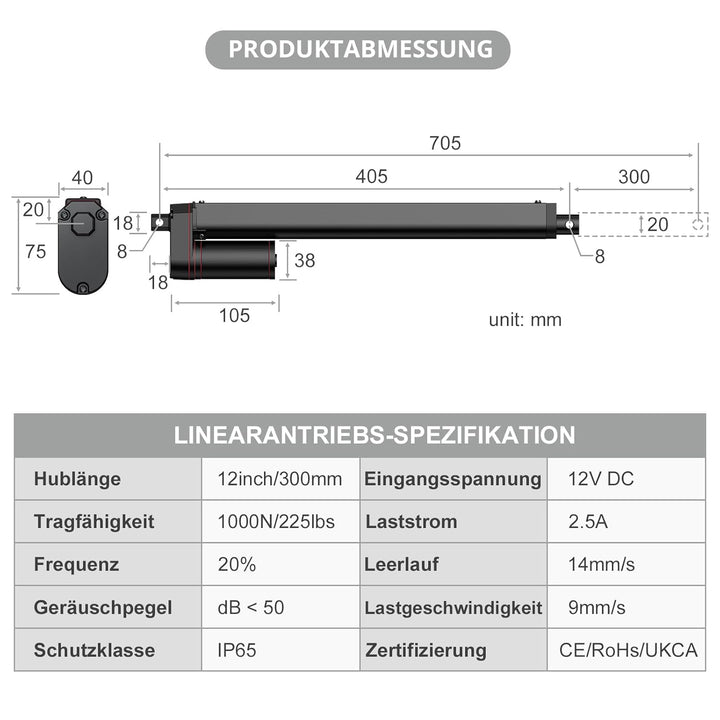 Justech Linear Actuator 300mm Linearantrieb 1000N IP65 Wasserdicht 14mm/s Motor Lineartechnik Aktuat