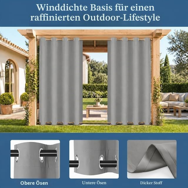 Rosnek Outdoor Vorhang Wetterfest Winddicht, Balkon Gardinen mit Ösen Oben &amp; Unten, Blickdicht Wasse