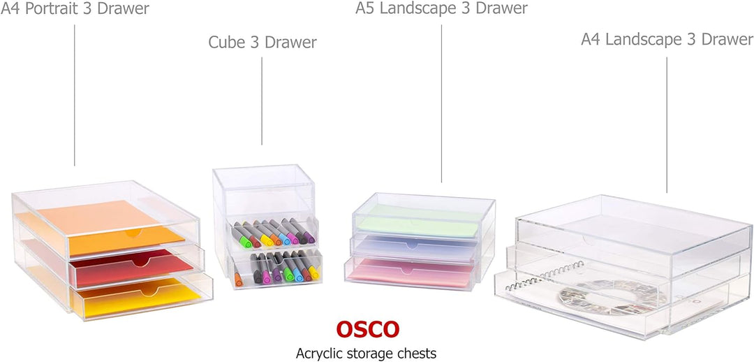 OSCO A3TSL Magazin mit 3 Schubladen aus klarem Acryl im Querformat farblos Single, Single
