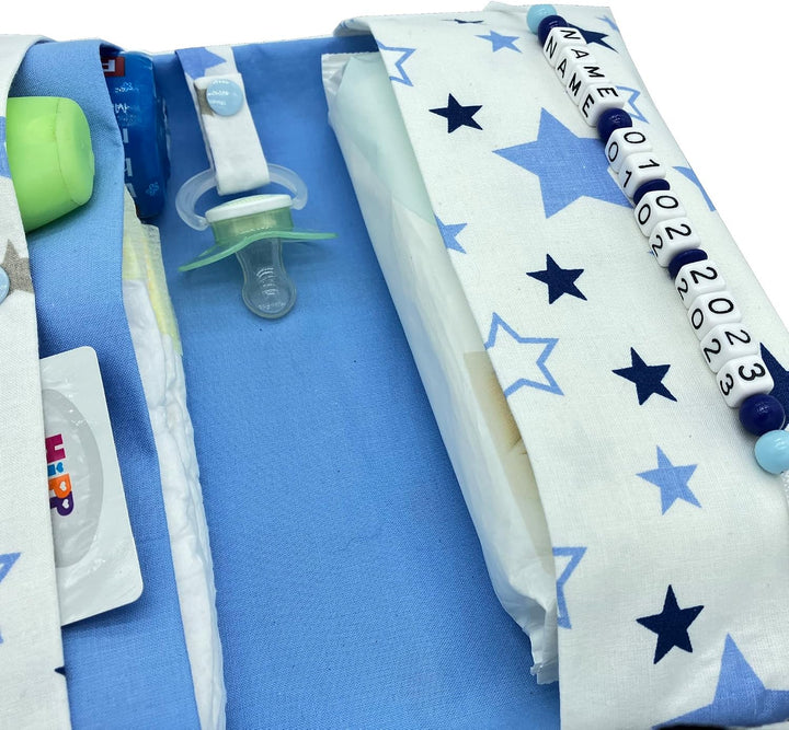 Grosse Windeltasche XXL mit Name personalisiert Wickeltasche - Sterne weiss blau - für Jungen