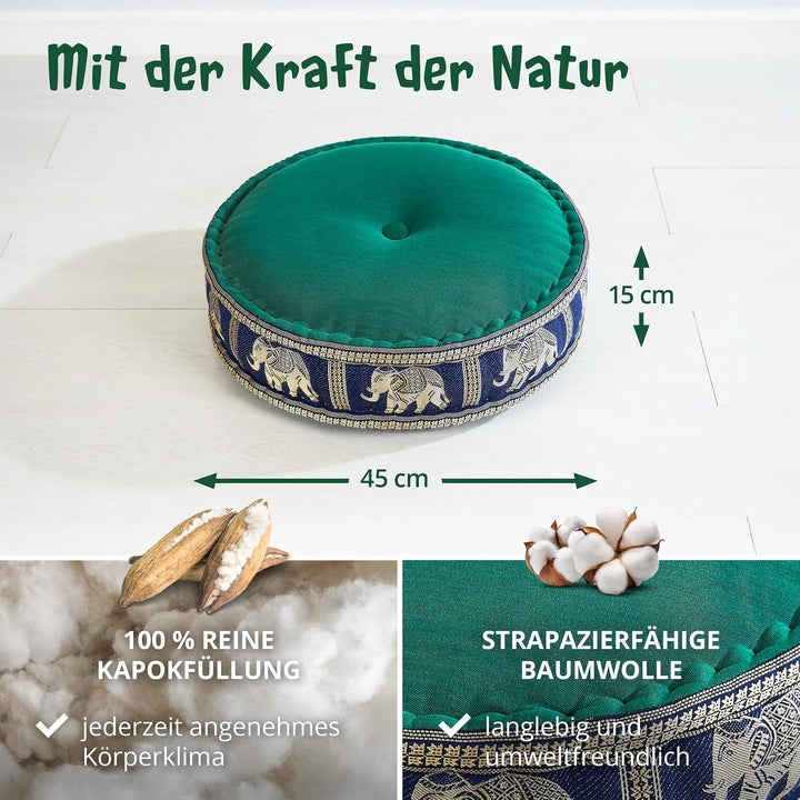 livasia Meditationskissen mit Thaiseide - Ø 45x15cm - Yogakissen mit Kapok, Pouf, Bodenkissen für Yo