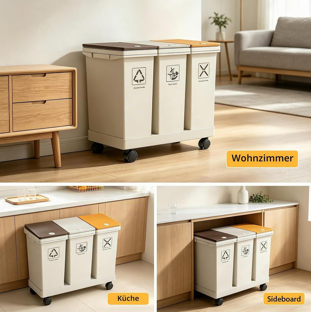 3-er Mülleimer-Set, 3 X 12L Küche Mülltrennsystem mit Standfuss | Abnehmbarer Differenzierter Abfall