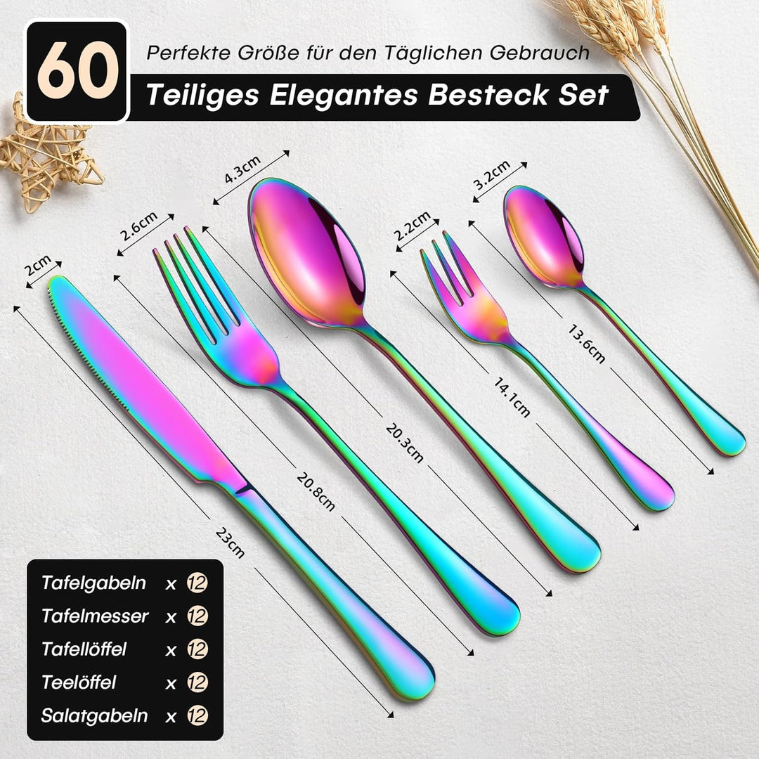 Besteck Set 12 Personen, 60 Teilig Besteckset mit Messer Gabel Löffel, Regenbogen Essbesteck Set Ede