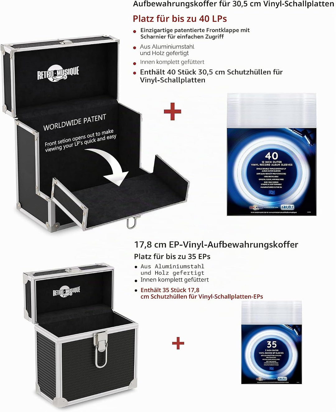 Aluminium-Schallplatten-Aufbewahrungskoffer mit einzigartiger, klappbarer Frontklappe für besseren Z