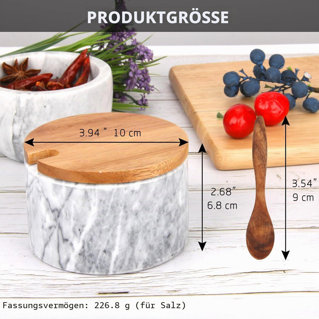 Salzstreuer Marmor mit Holzdeckel und Löffel, Hellgraue Schale | Salzdose Pfefferstreuerschale, Gewü