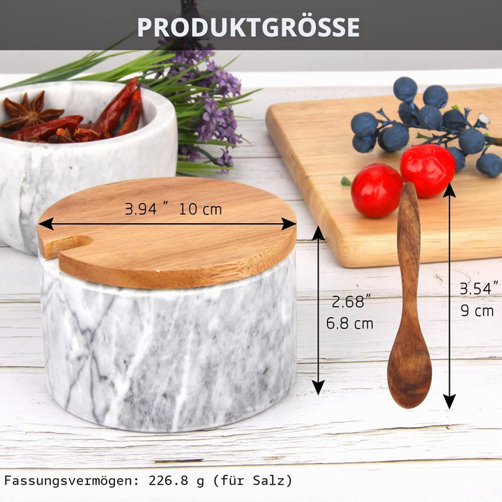 Salzstreuer Marmor mit Holzdeckel und Löffel, Hellgraue Schale | Salzdose Pfefferstreuerschale, Gewü