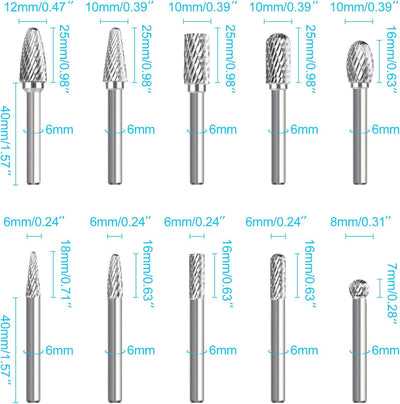 Aktualisierung 10 Stücke Hartmetall Frässtifte Set, 6mm (1/4") Schaft Double Cut Rotary Burr Grate B