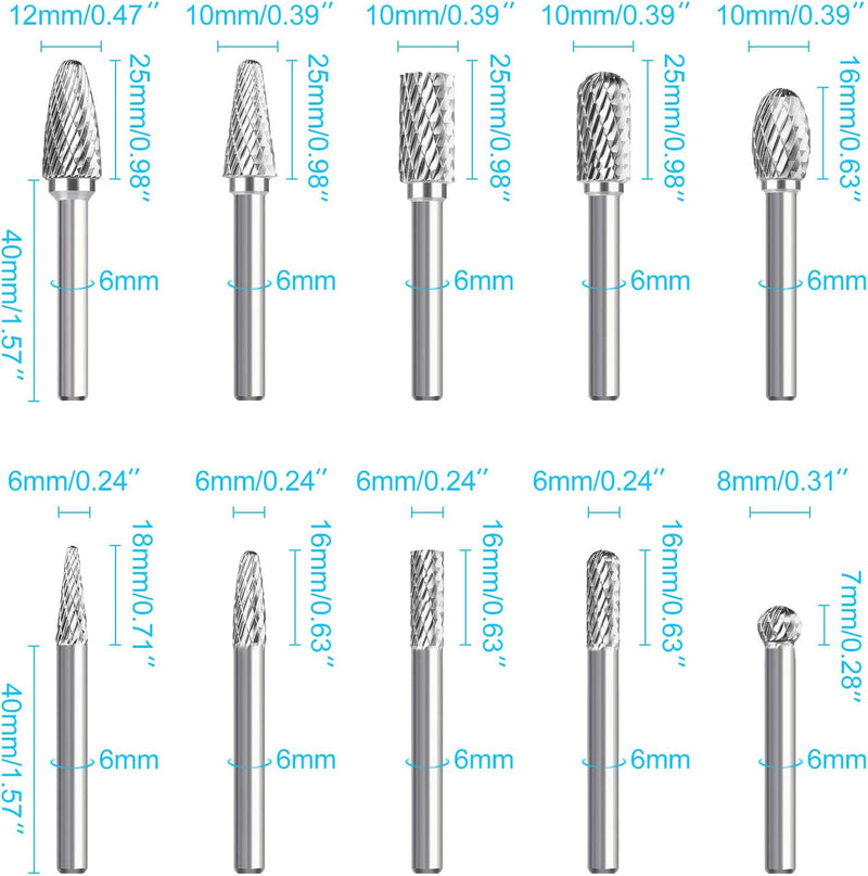 Aktualisierung 10 Stücke Hartmetall Frässtifte Set, 6mm (1/4") Schaft Double Cut Rotary Burr Grate B