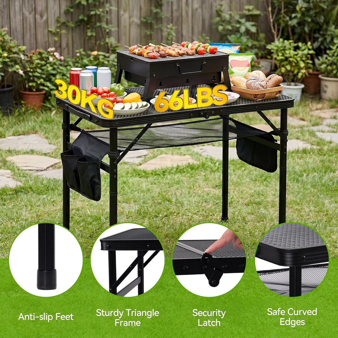 Campingtisch Klappbarer 60×40cm 3-Fach Höhenverstellbarer Grilltisch mit Metallgitter-Tischplatte un