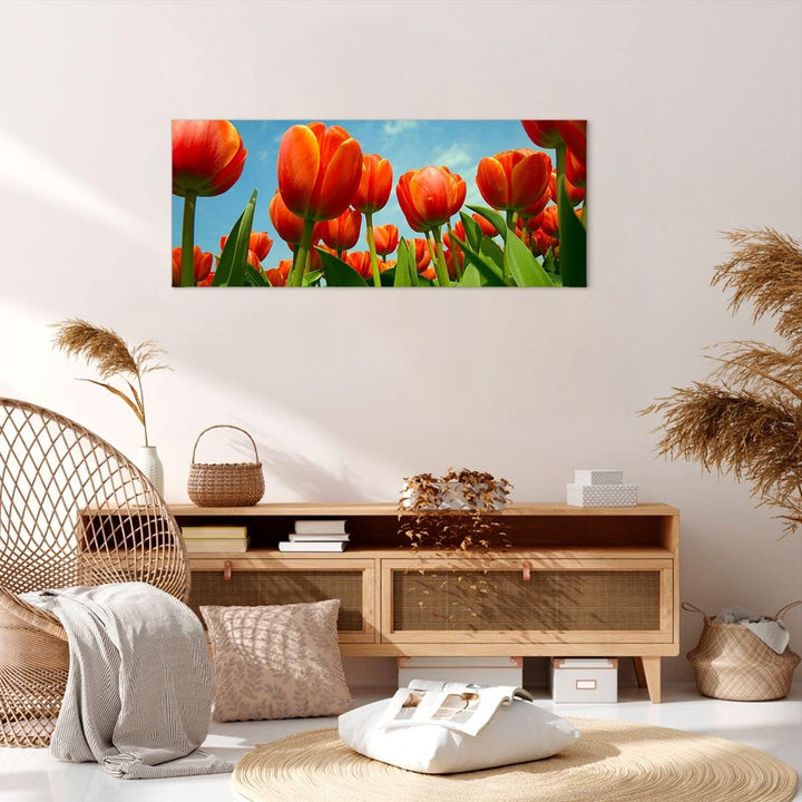 Wandbilder Dekoration Wohnzimmer Tulpe Blume blauer Himmel Panorama Bilder auf Leinwand 120x50cm Lei