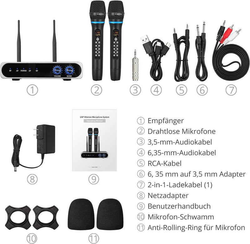 PROZOR Dual Drahtloses Mikrofon Abstimmbares UHF mit Bluetooth Wiederaufladbares Mikrofon Kabelloses