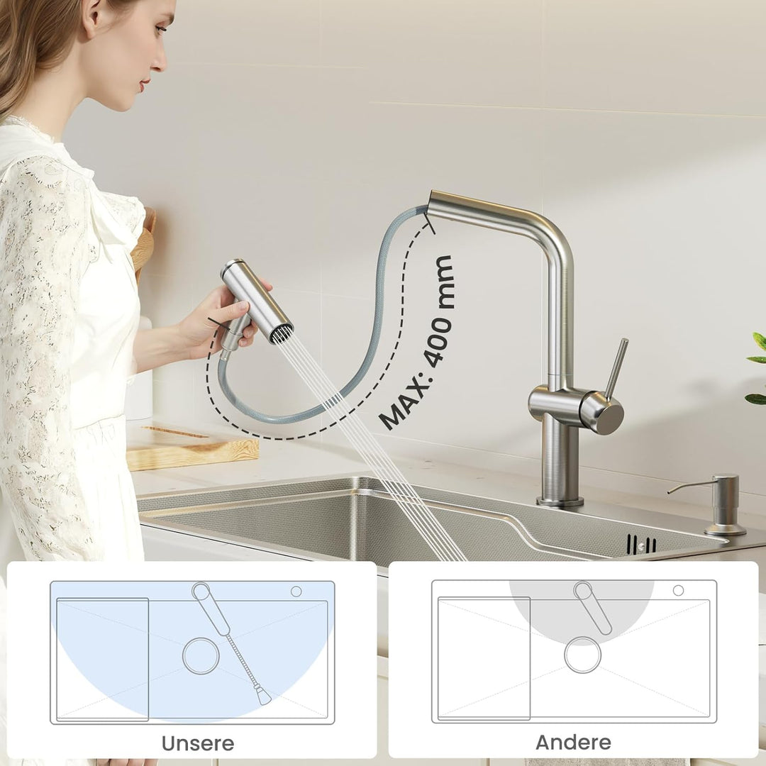 CECIPA Wasserhahn Küche Ausziehbar, Edelstahl Küchenarmatur mit Brause Zwei Wasserstrahlarten, Hochd