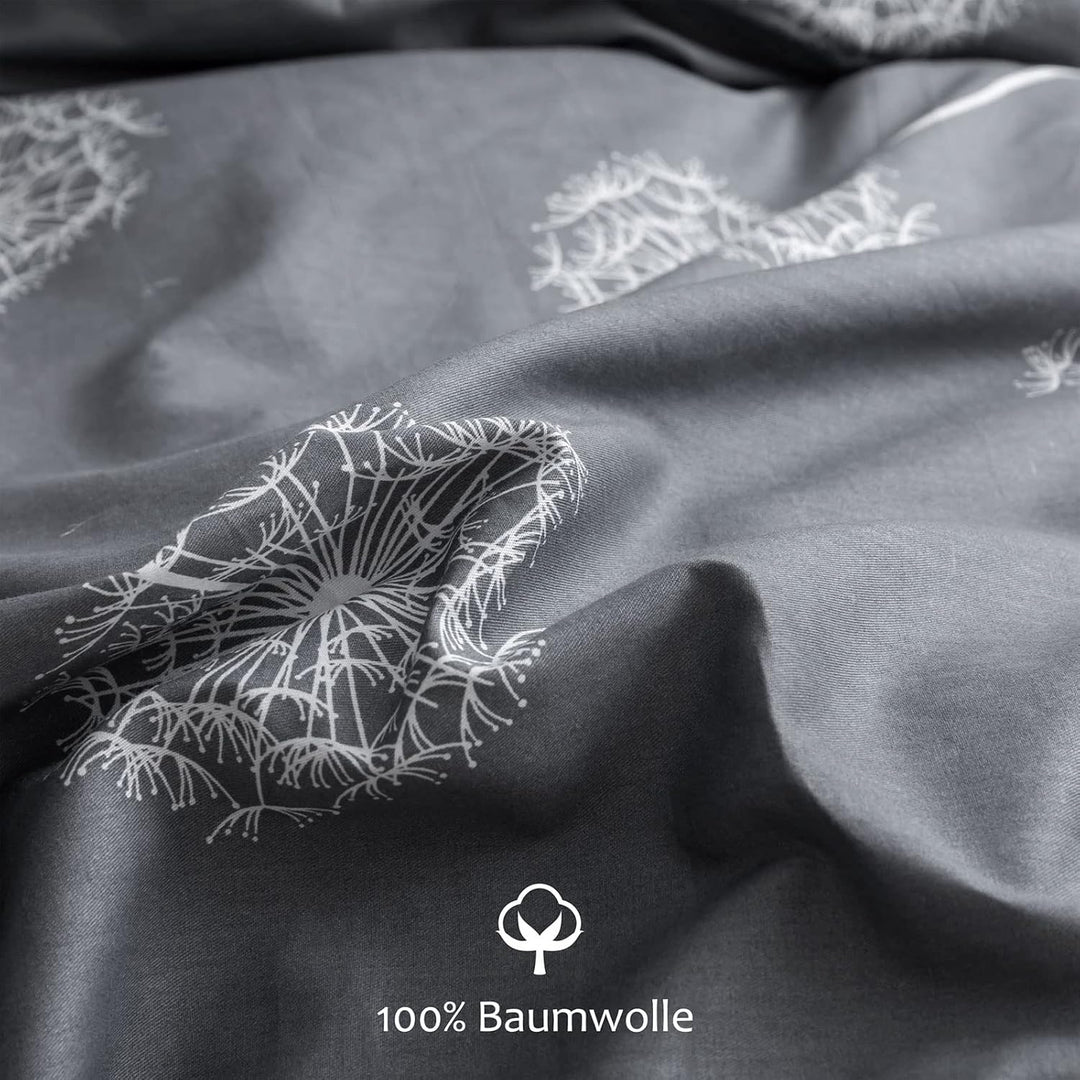 Bettwäsche 135x200 Grau Weiss Wendebettwäsche Pusteblume Muster 100% Baumwolle für Sommer bis Winter