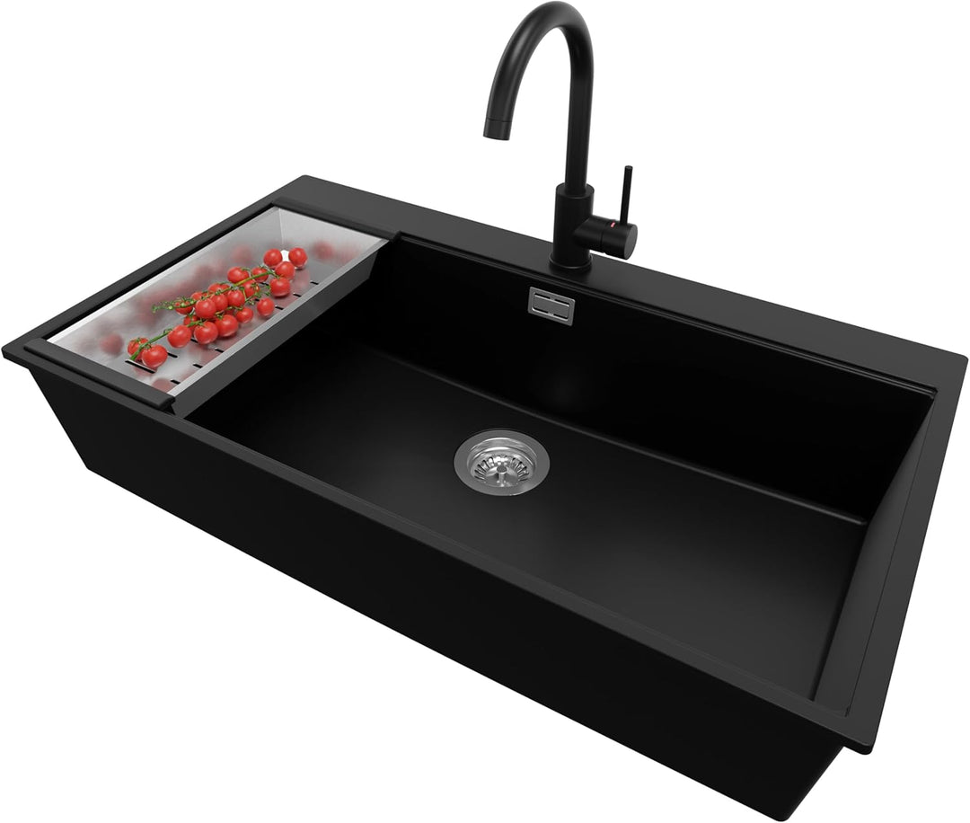 PRIMAGRAN Granitspüle Schwarz 88x50cm, Spülbecken 1 Becken + Ablauf-Set + Küchenarmatur 32x20cm, Küc