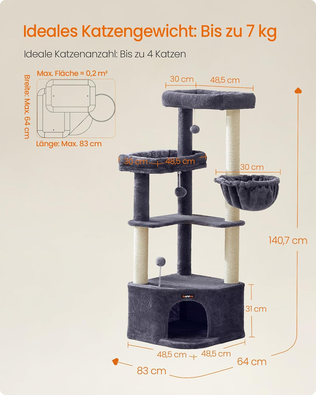 Feandrea Kratzbaum, Katzenbaum, 48,5 x 48,5 x 140,7 cm, Katzenkratzbaum mit grosser Kuschelhöhle, gr