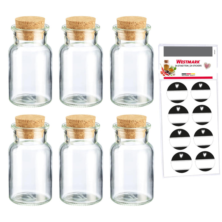 Westmark Gewürzgläser Set mit Korken, 6 Stk. – Für Gewürze, Kräuter und Tees – Inklusive 8 Dekoetike
