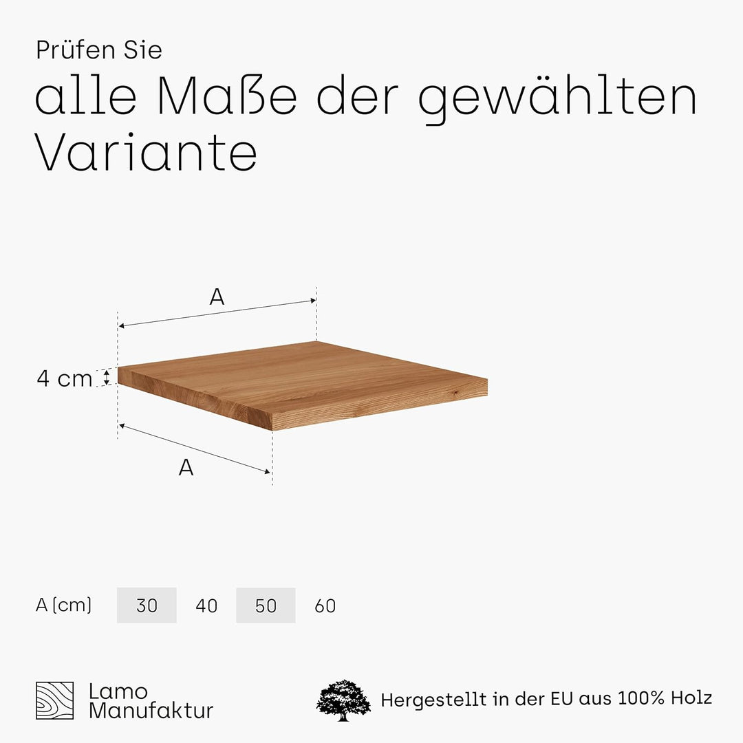 LAMO Manufaktur Holzplatte für Couchtisch, Beistelltisch, Nachttisch, Tischplatte 50x50 cm, Rustikal