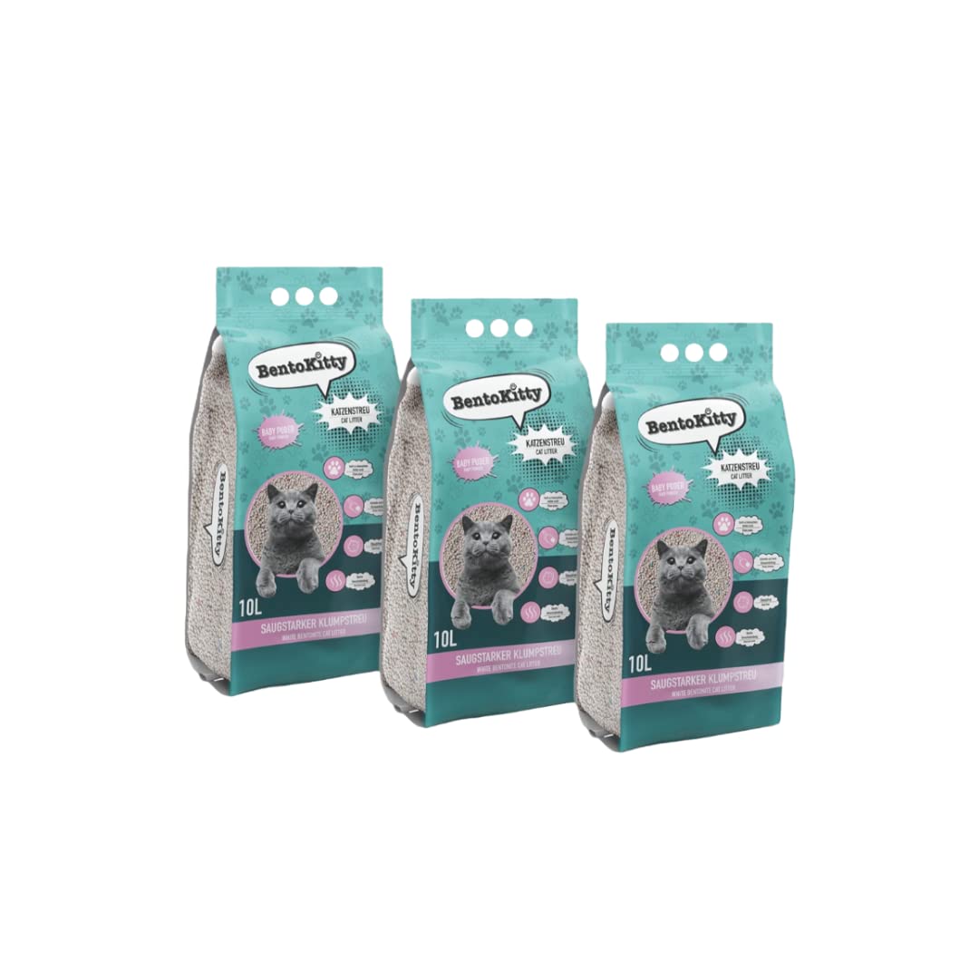 Katzenstreu (30L, 3er Pack) mit Babypuder Duft, Klumpend, weiss, feinkörnig, Klumpstreu aus Bentonit