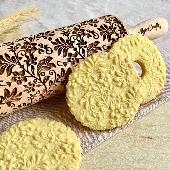 TANZEN BLUMEN Nudelholz. Teigroller mit Blumen für DIY Küche, Teig & Fondant Plätzchen. Gravierte Nu