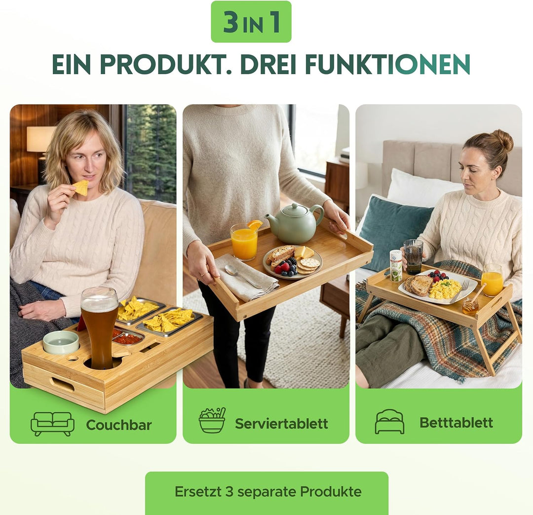 naturlik 3-in-1 Couchbar Snackbox mit klappbaren Beinen – XL Serviertablett, Betttablett und Laptop-