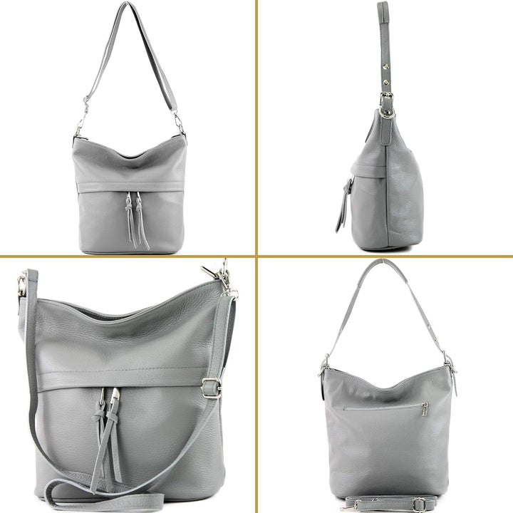 modamoda de - T178 - ital. Umhängetasche Schultertasche aus Leder Telegrau, Telegrau