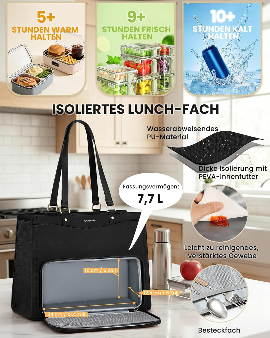 RAINSMORE Lehrertasche Damen mit Kühlfach 15,6 Zoll Laptoptasche Arbeitstasche Damen Gross PU Leder