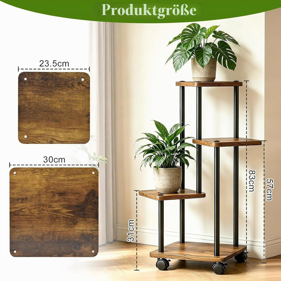 Pflanzenständer für den Innenbereich, 4 Etagen Pflanzenregal aus Holz und Metall mit 4 Rollen Blumen