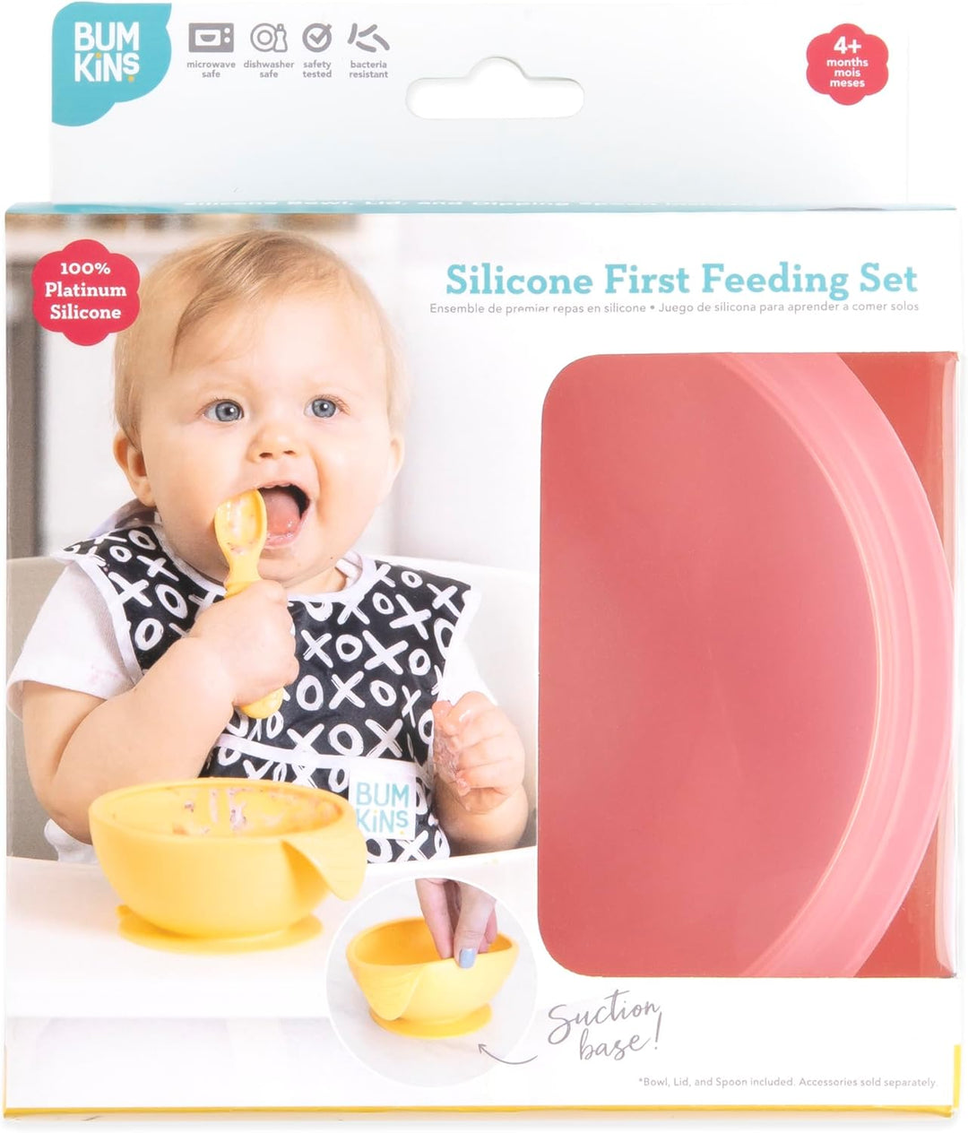 Bumkins - Erstes Baby Fütterungsset aus Silikon mit Saugnapf, Deckel und Löffel, Rosa Jelly, BPA-fre