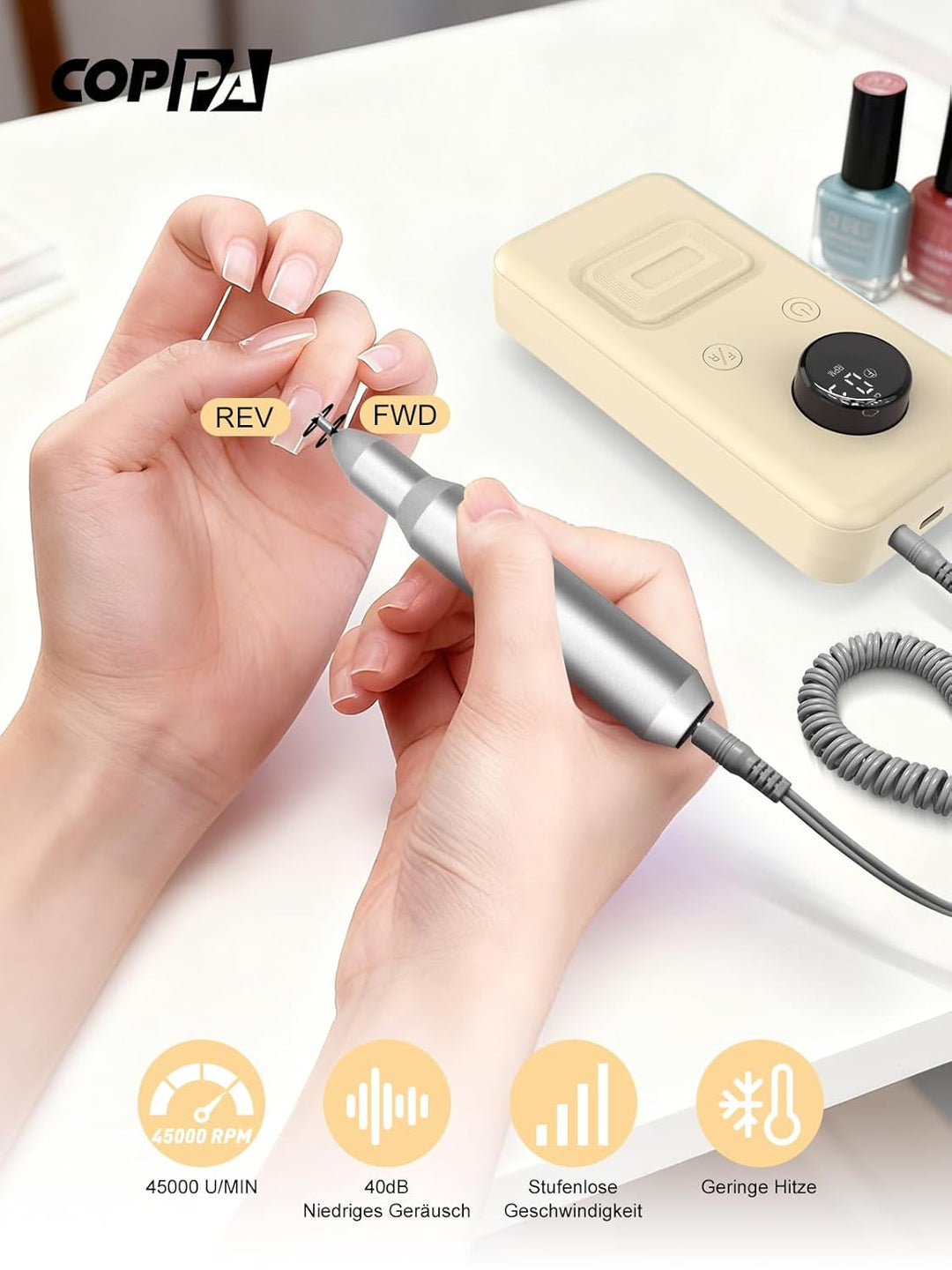 COPPA Nagelfräser, NDK106 Professionell Elektrische Nagelfräser Set mit 12 Bits 31 Schleifbändern, 4