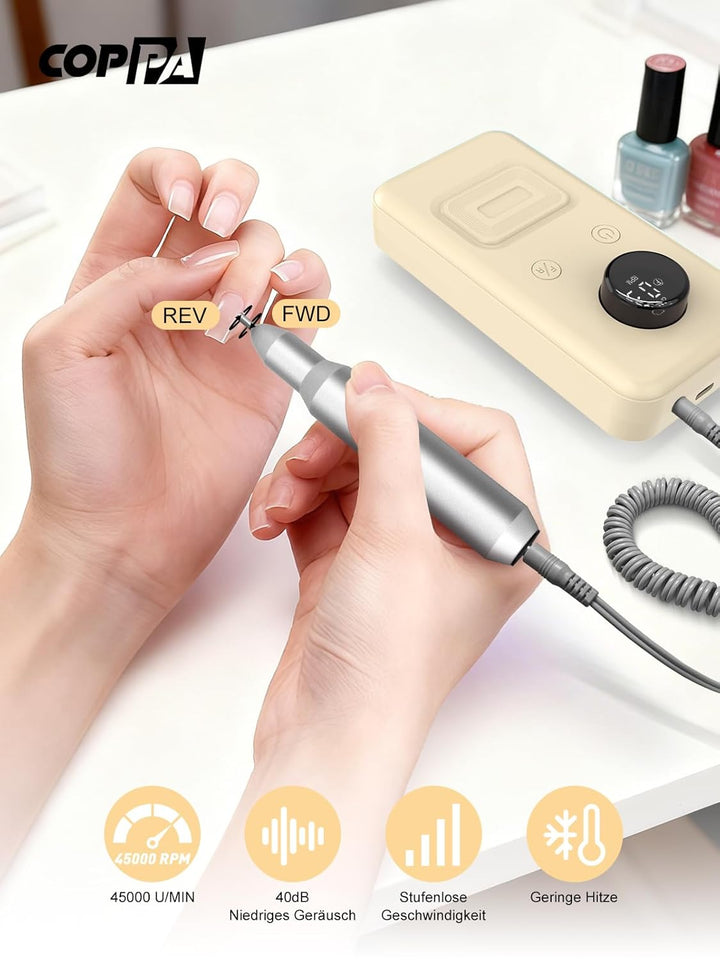 COPPA Nagelfräser, NDK106 Professionell Elektrische Nagelfräser Set mit 12 Bits 31 Schleifbändern, 4