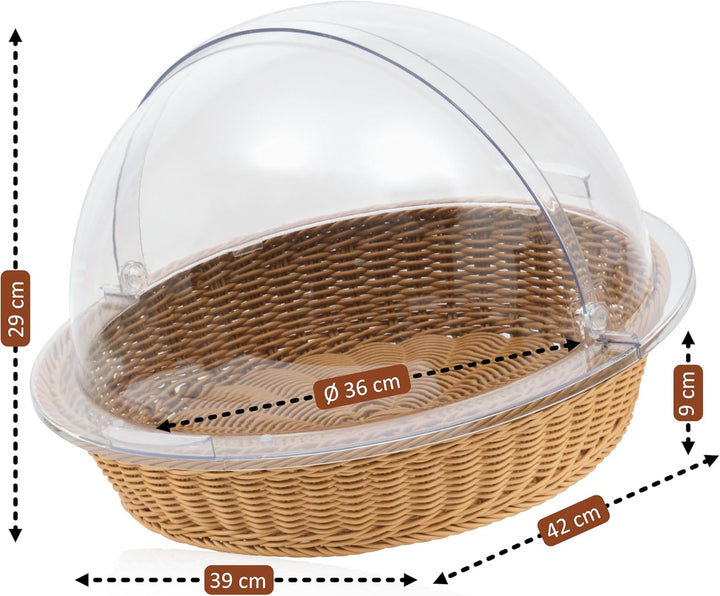 Mahlzeit Rattan Brotkorb mit Deckel | 42 x 39 x 29 cm | Rund | Brotkasten mit Sichtfenster, Brotkast