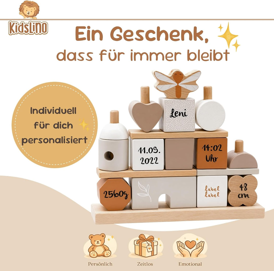 Personalisiertes Holz Steckspiel Haus Nougat – Baby Geschenk zur Geburt für Jungen & Mädchen – mit N